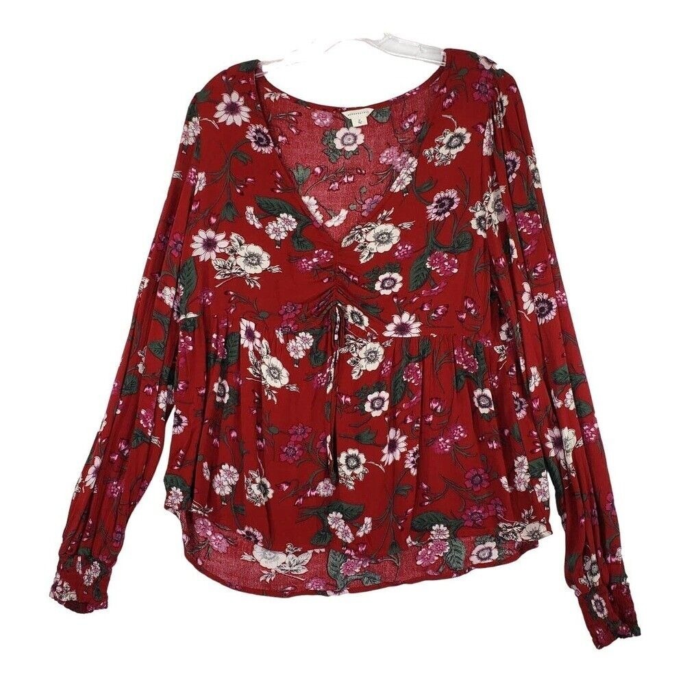 Aeropostale Floral Peasant Blouse Long Sleeve Red Boho‎ Top Women's Size M Shirt